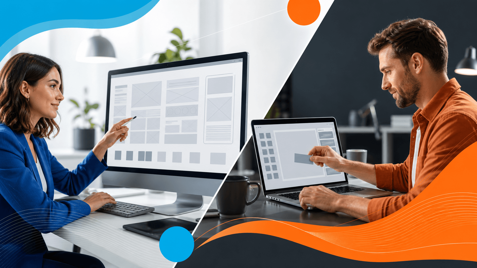 Split-screen laptop with Wix-style webpage on one side and drag-and-drop blocks on the other, blue-white palette