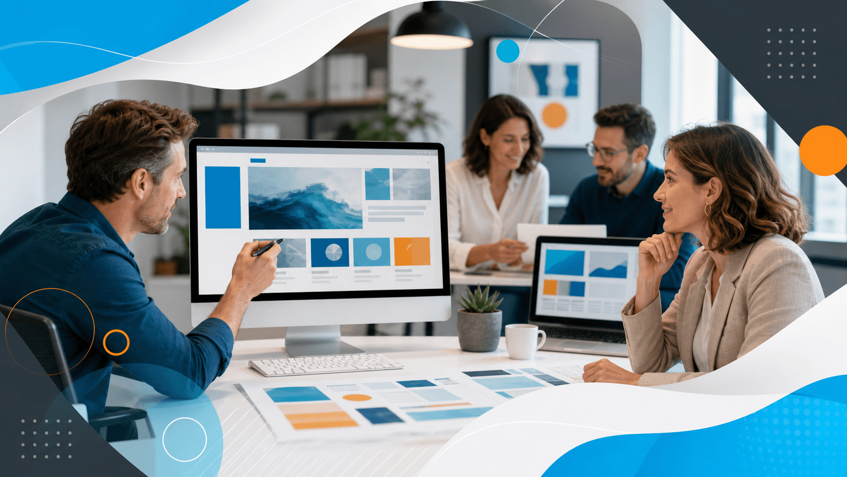 Split-screen office scene with a designer at a laptop beside web interface graphics in blue and orange.