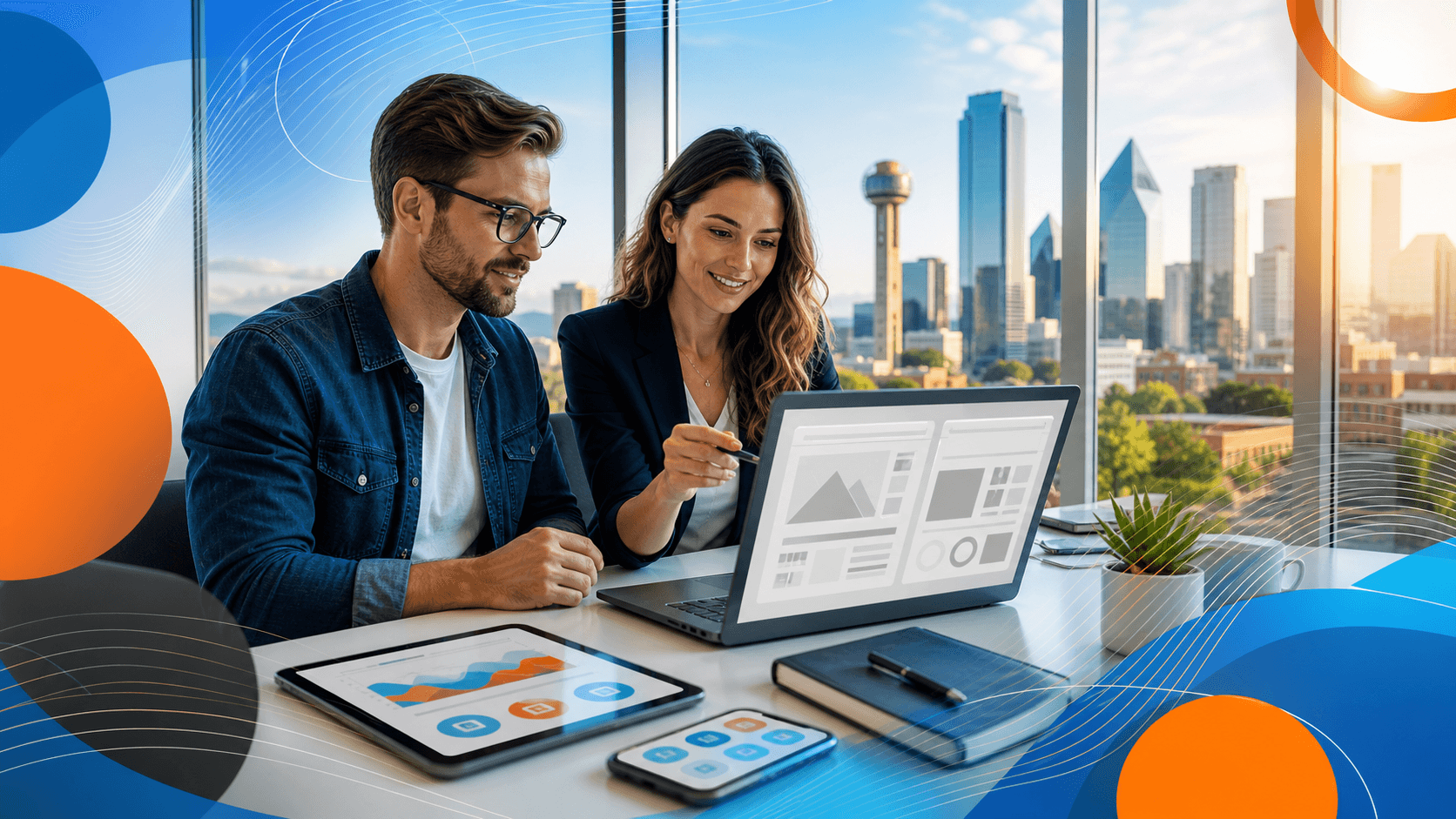 A laptop displaying a website mockup beside a city skyline at sunset, with warm orange light and blue accents.