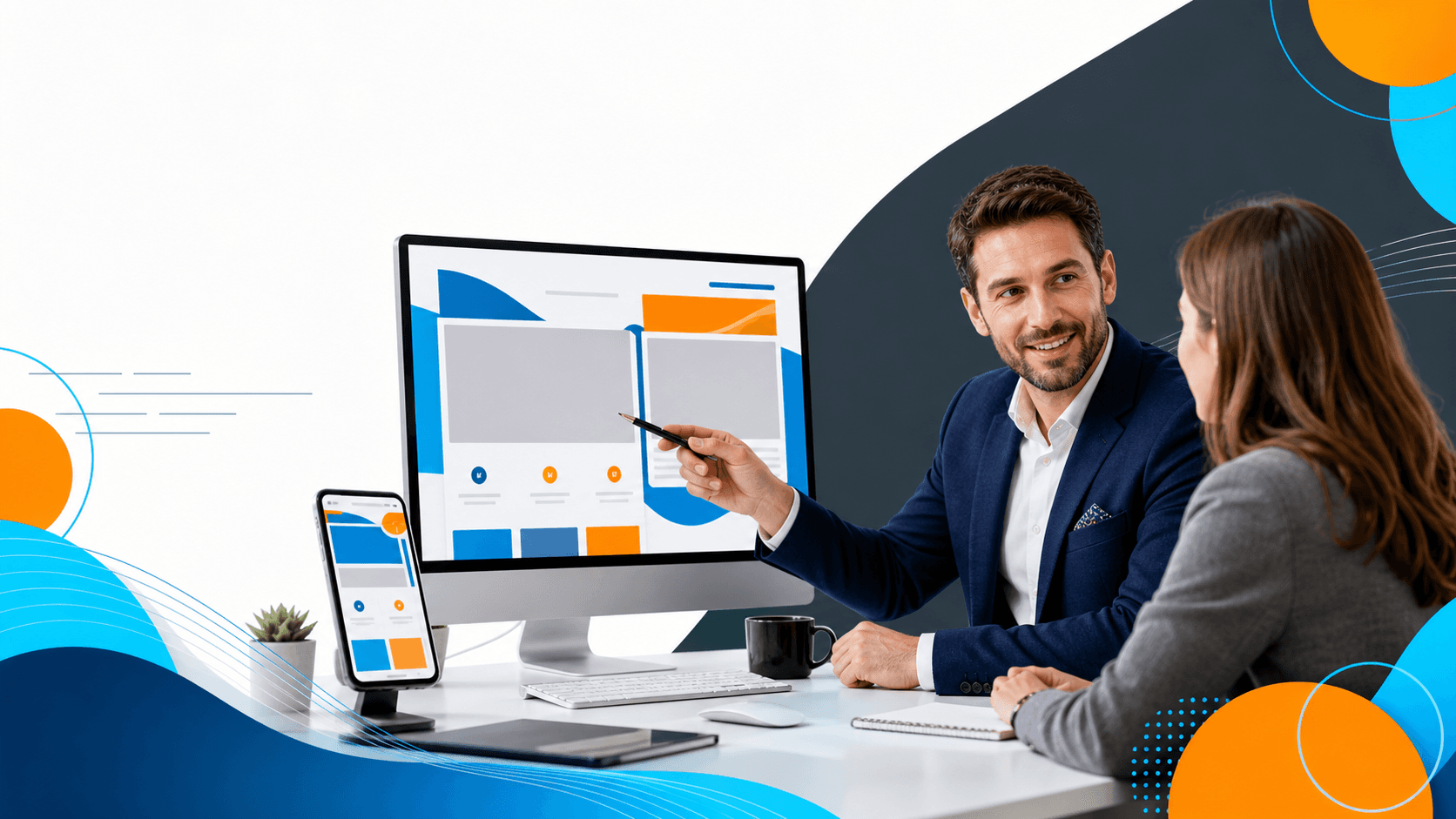 Split-screen laptop showing a plain website and a polished design, with blue accents and a designer tools overlay