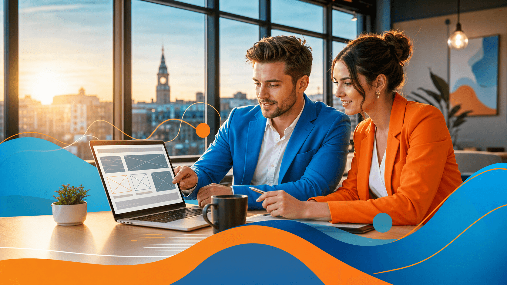 Sunrise over a city skyline with a glowing computer monitor on a desk, in warm orange and teal tones.