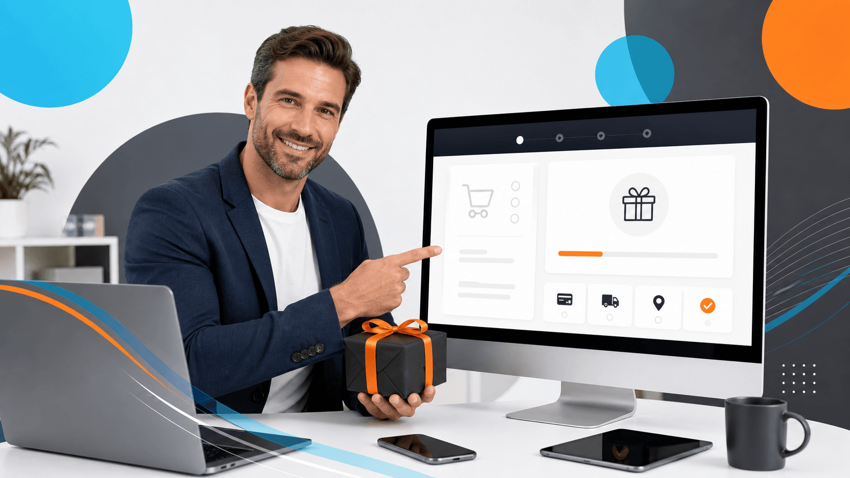 Laptop displaying an online store checkout page beside wrapped gifts and a smartphone on a warmly lit desk