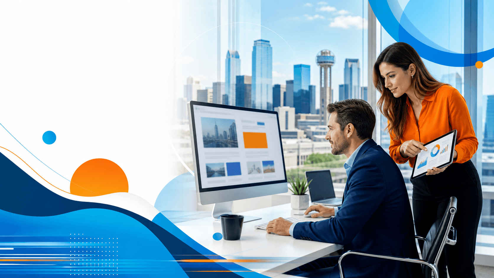 Person at desk with laptop showing a website builder, sticky notes and coffee, warm light, blue and orange tones