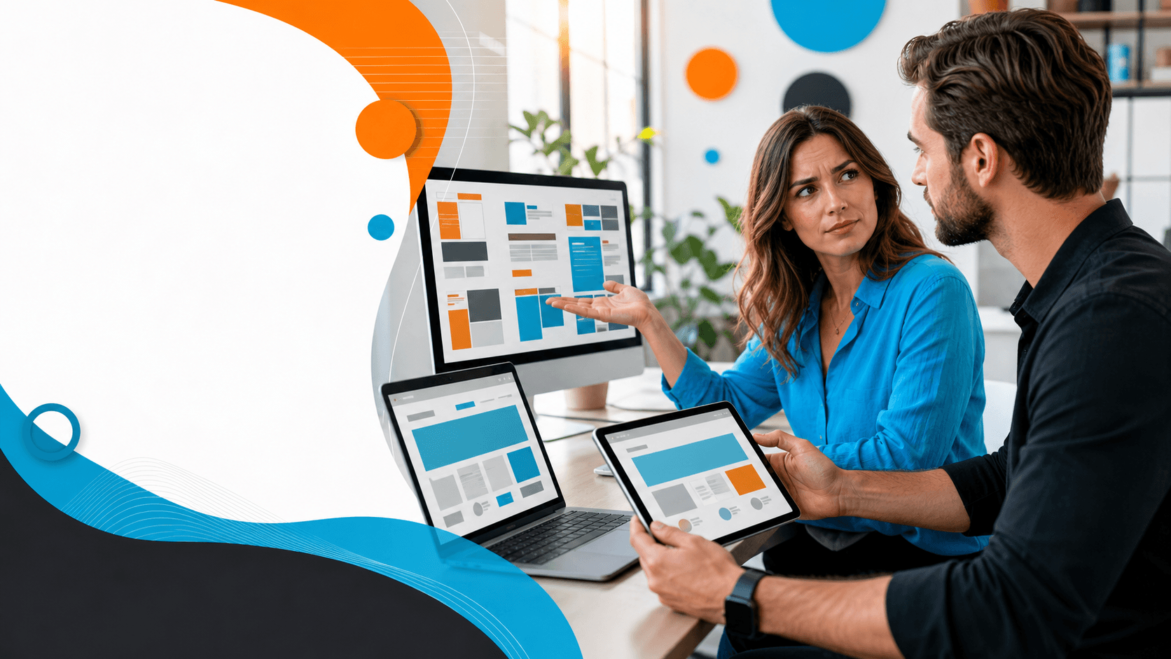 Person at laptop with website builder blocks on screen, blue interface glow, hand on chin, minimal desk background