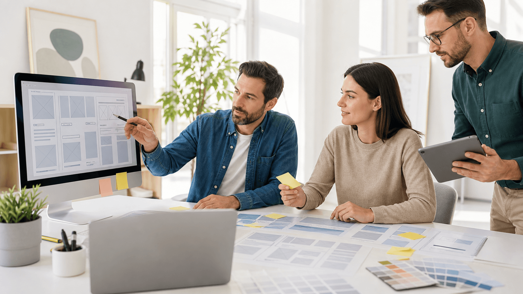 Person reviewing a website layout on a laptop with design sketches, sticky notes, and a coffee cup on a desk