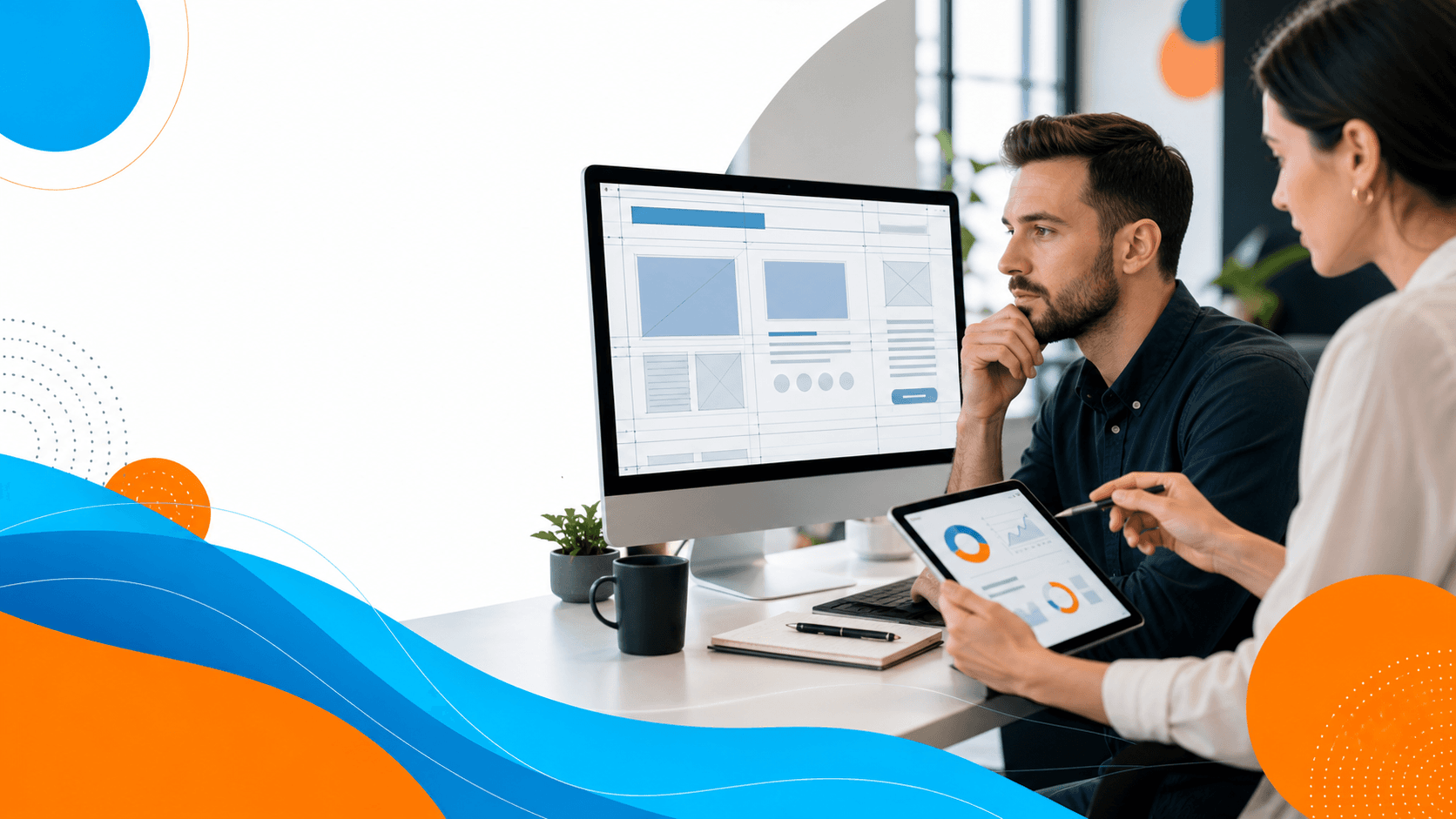 Designer at laptop reviewing a Wix-style webpage, with floating question marks and blue UI panels on a light background