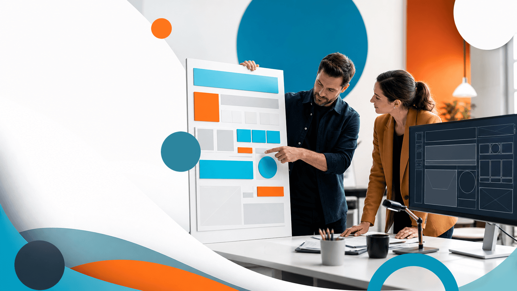 Split-screen laptop workspace with colorful website mockups on one side and code editor on the other
