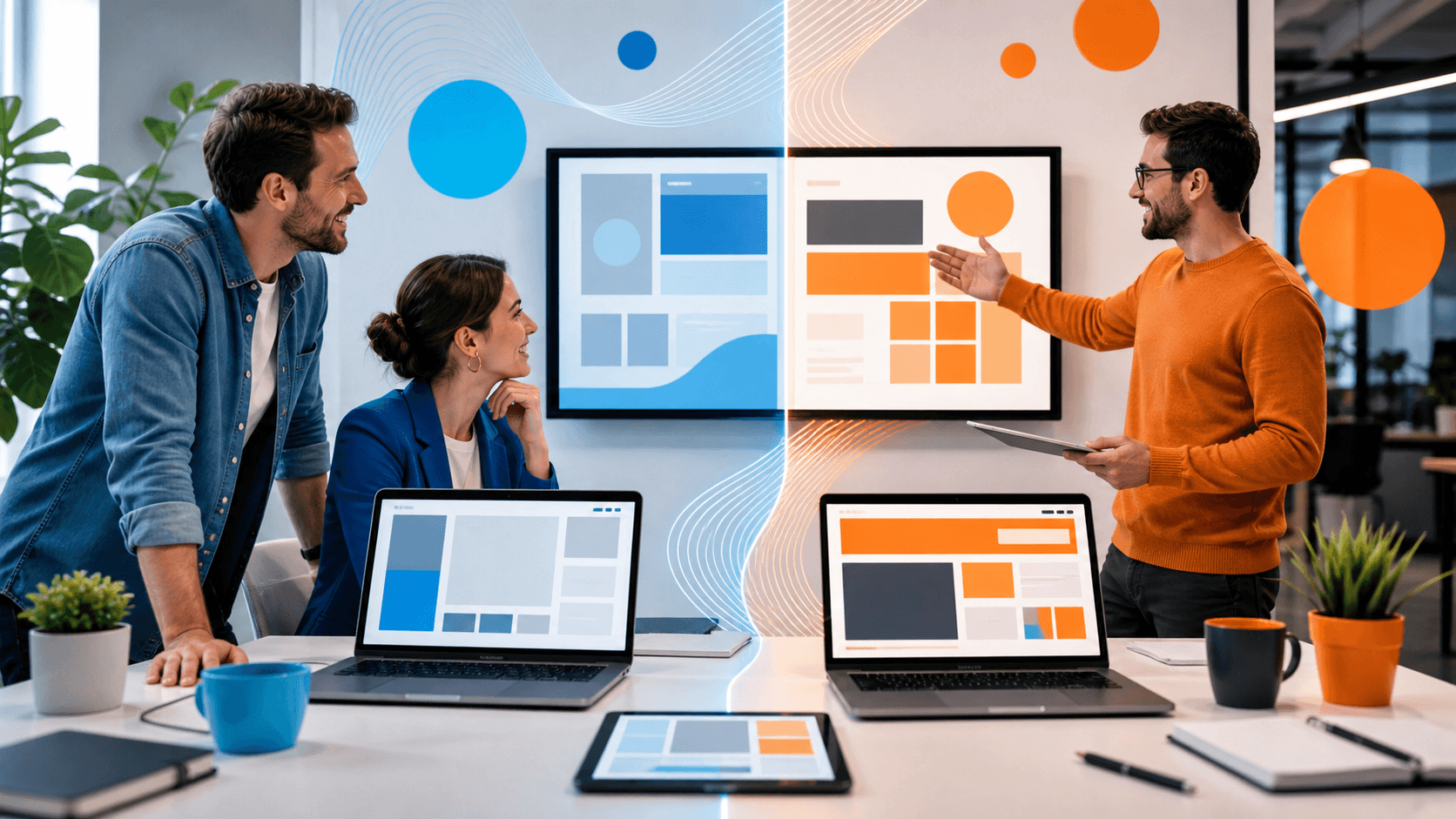 Split-screen laptop showing a drag-and-drop website builder vs code editor, with blue-purple gradient background