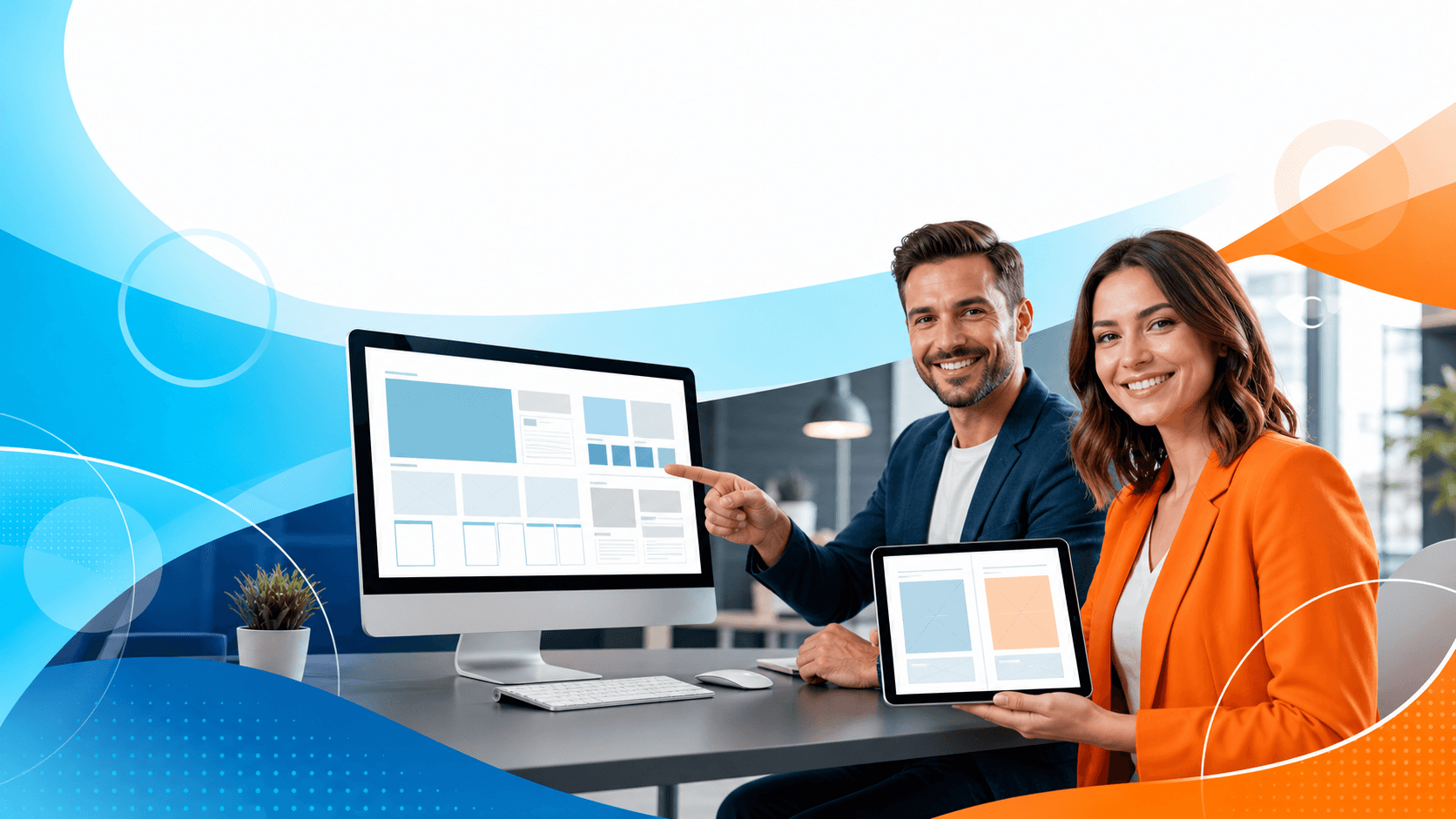 Split-screen illustration of a laptop with a template on one side and custom code lines on the other, blue accents.