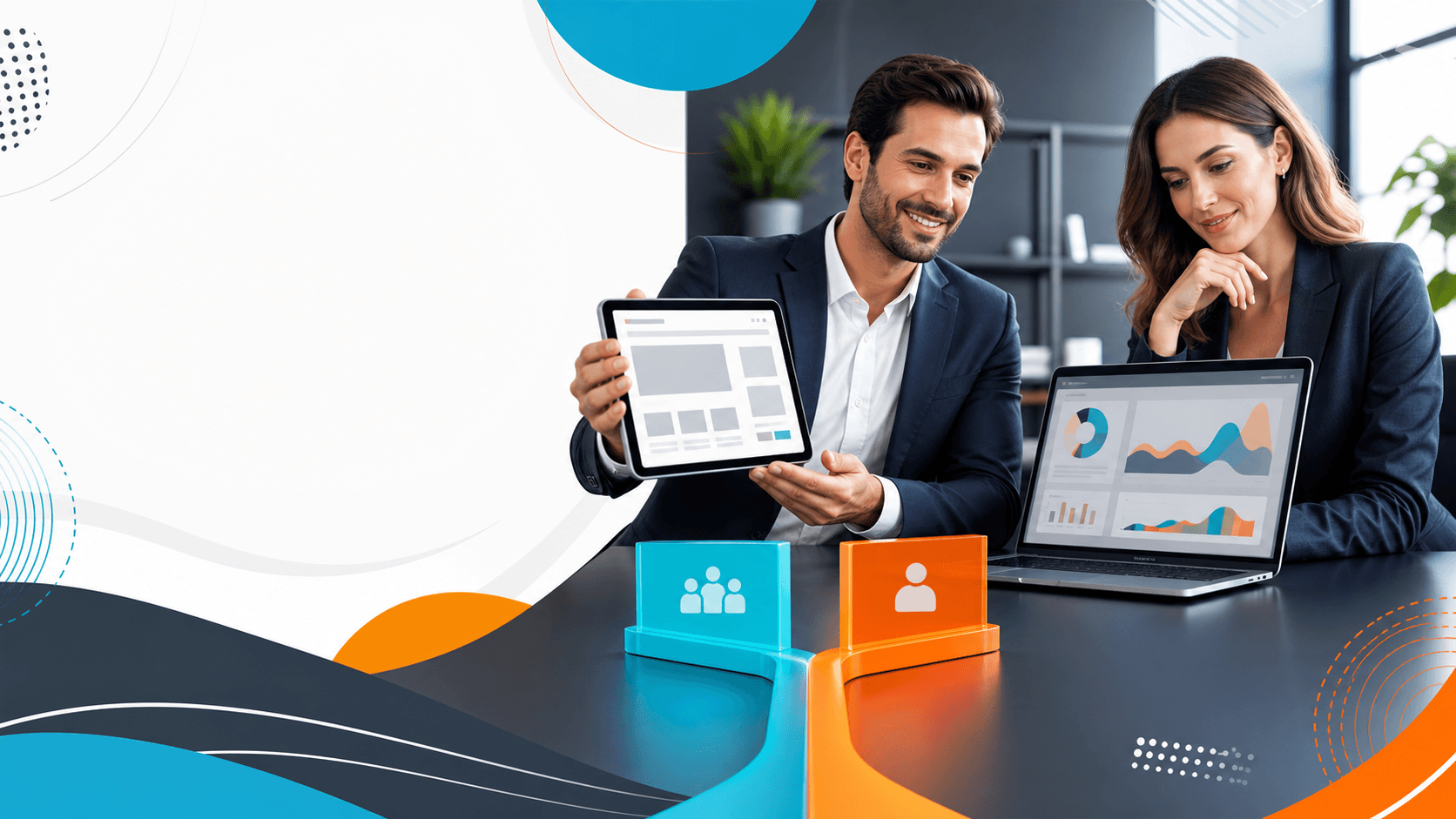 Split-screen desk scene with a laptop, color swatches and tools, contrasting blue and orange lighting.