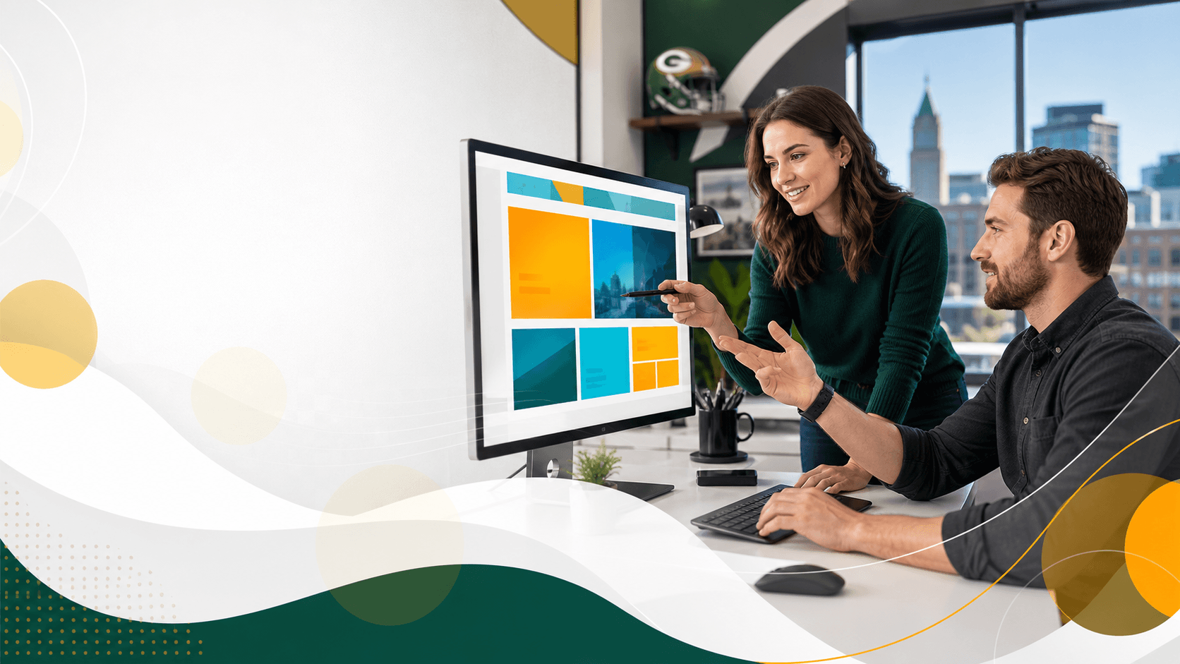 Designer workspace with color swatches and website mockups on a laptop, accented in green and gold tones