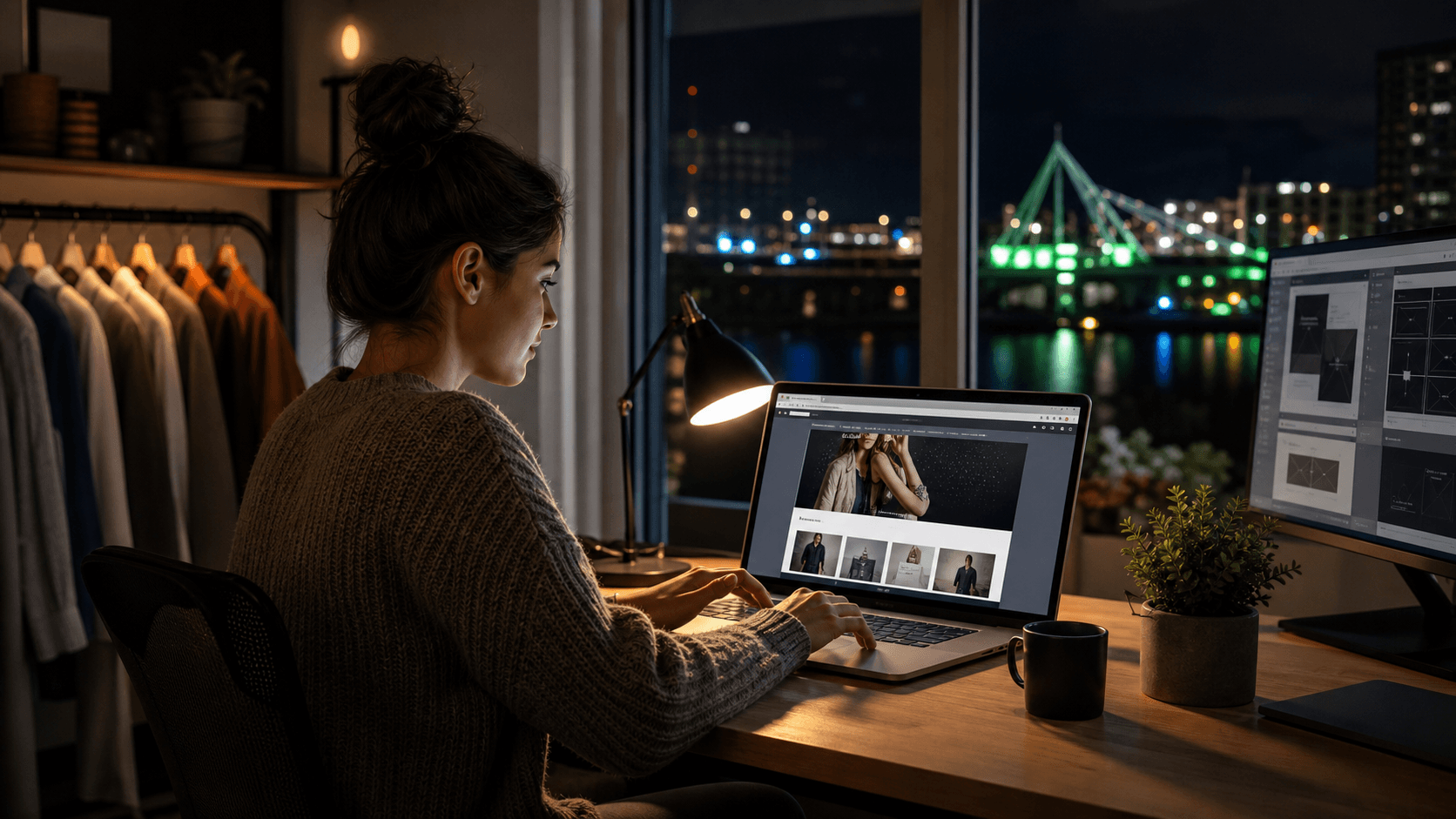 Neon-lit laptop on a desk at night with a green city skyline glowing outside the window, cool blue shadows.