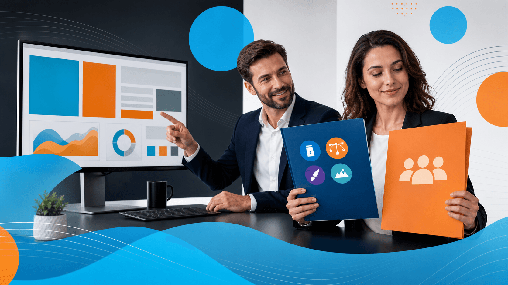 Split-screen illustration of a laptop with web mockups and two designers at desks, in blue and orange tones.