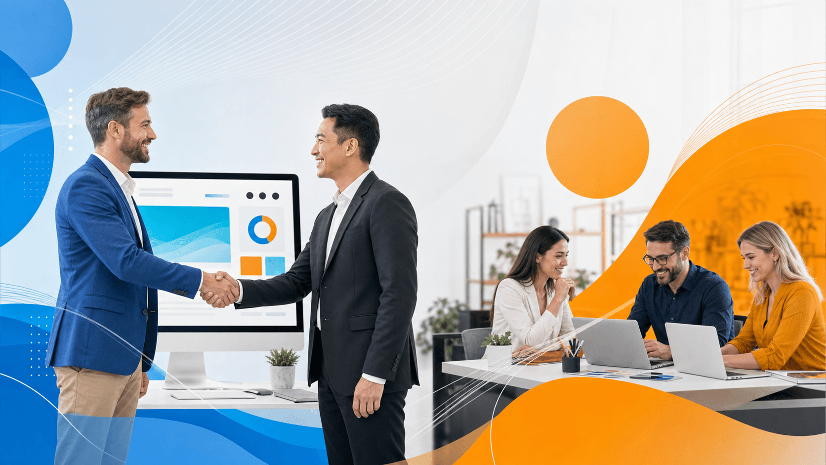 Person at a laptop comparing two web layout panels, with blue and orange accents on a clean white desk