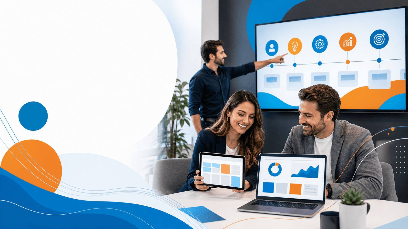 Blue-toned illustration of a laptop and web page mockups with handshake icon, charts, and floating UI panels.