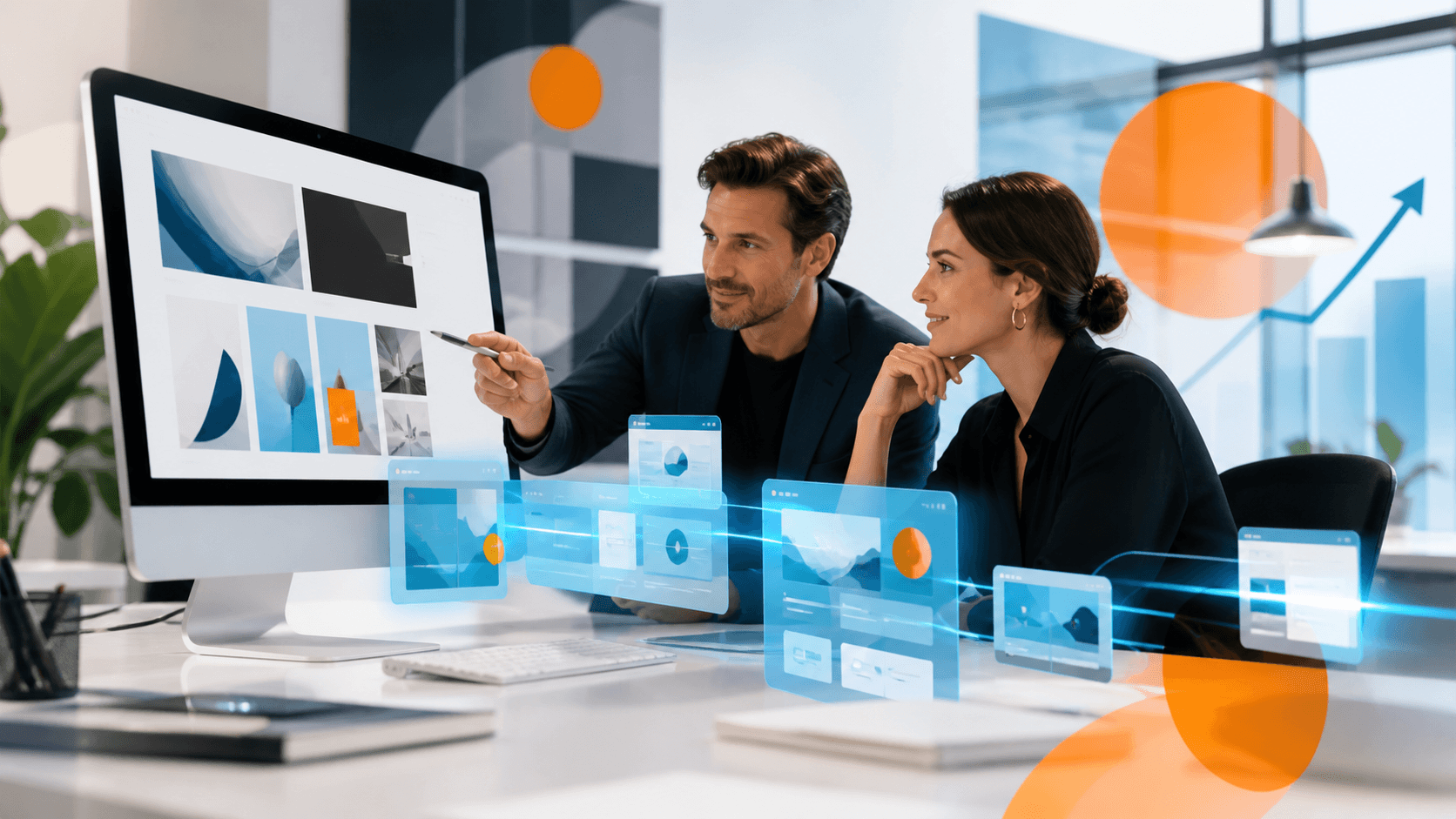 Blue-toned workspace with laptop, website mockups, and connected network icons on a dark background